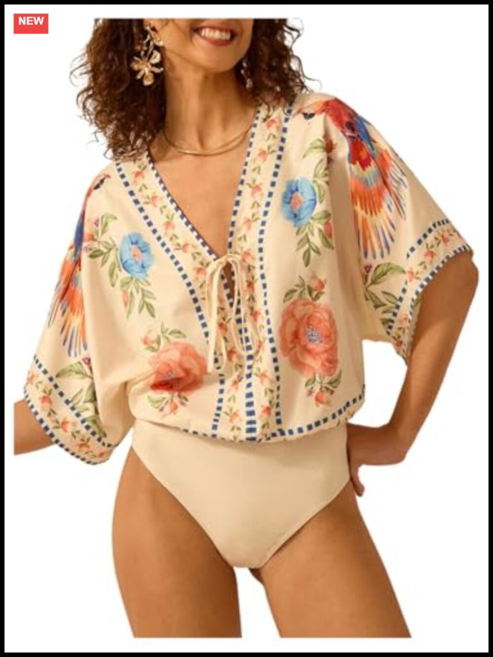 Women's Boho Tropical Bodysuit Deep V Neck Dolman Sleeve Summer Top
